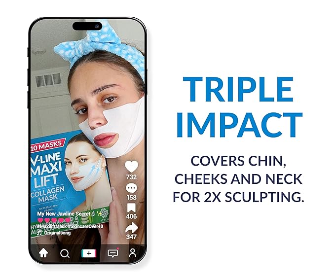 Stylia MaxiLift V-Line Lifting Collagen Face Mask - Advanced Double Chin Reducer - Jawline Shaper - Neck Firming and Tightening Mask with Hyaluronic Acid & Aloe Vera - Chin Strap for Sleeping (10PC)