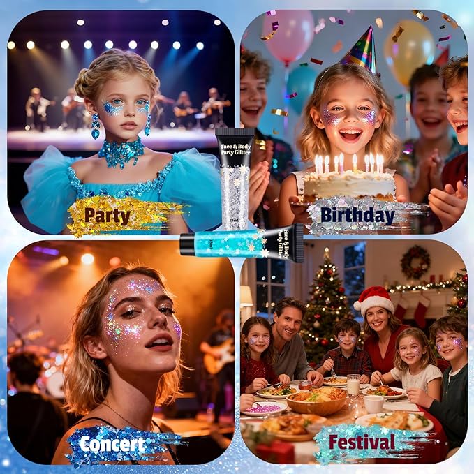 AROIC 14 Pcs Body Glitter - 7 Colors Mermaid Fairy Sparkle Makeup, Face & Hair Glitter Gel for Women Match with Mermaid Costume, Concerts Rave Accessories, Face Paint, Cosplay, Festival Birthday Party