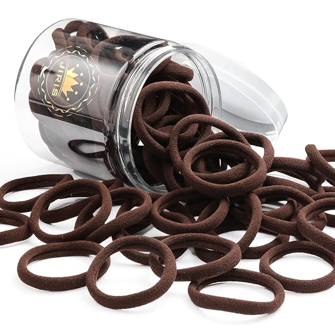 50Pcs Brown Hair Ties for Women Girls,Cotton Seamless Hair Ties, Soft Ponytail Holders,No Crease No Damage Elastics Hair Bands with Box for Thick Heavy and Curly Hair (Brown)