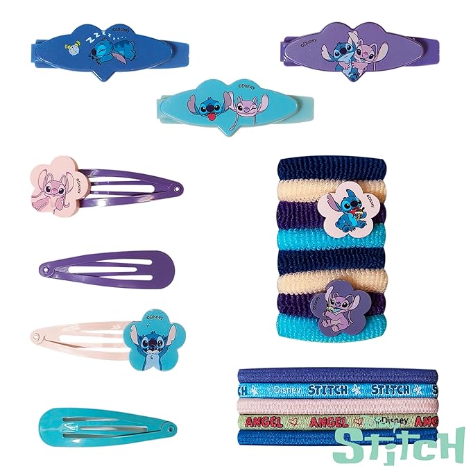 LUV HER Disney Lilo & Stitch Girls' Hair Accessories Set - 20 Pack Stitch - Includes 3 Barrettes, 4 Snap Clips, 5 Elastics, 8 Terry Ponies - Everyday Wear, Special Occasions, Ages 3+