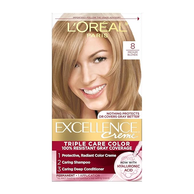 L'Oreal Paris Excellence Crème Permanent Hair Dye, Triple Care Hair Color with Pro-Keratine Complex for 100% Gray Hair Coverage, 8 Medium Blonde, 1 Kit