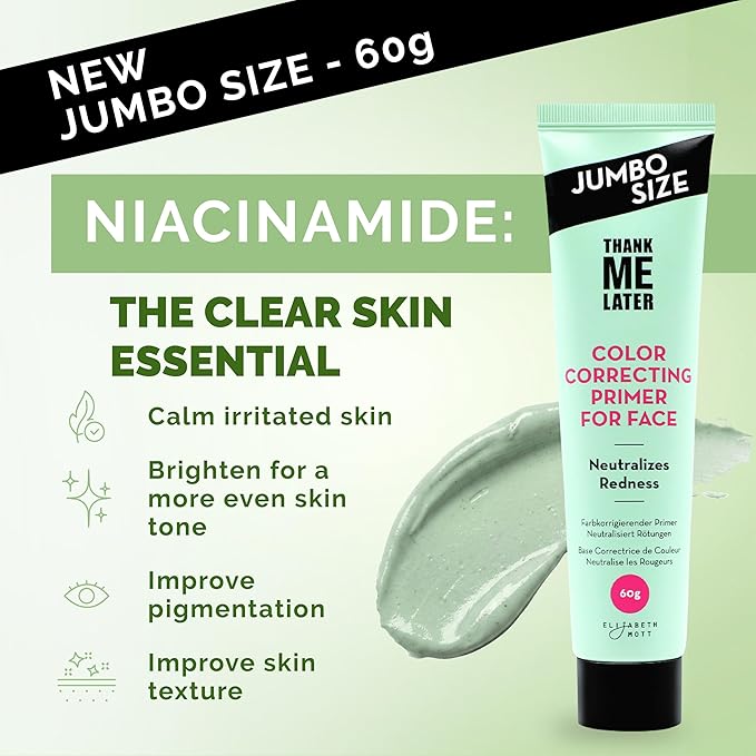 Elizabeth Mott Thank Me Later Color Correcting Face Primer Jumbo 60g (2X Size) – Niacinamide & Cica Soothes Redness – Evens Skin Tone, Grips Makeup for All-Day Wear – Cruelty-Free