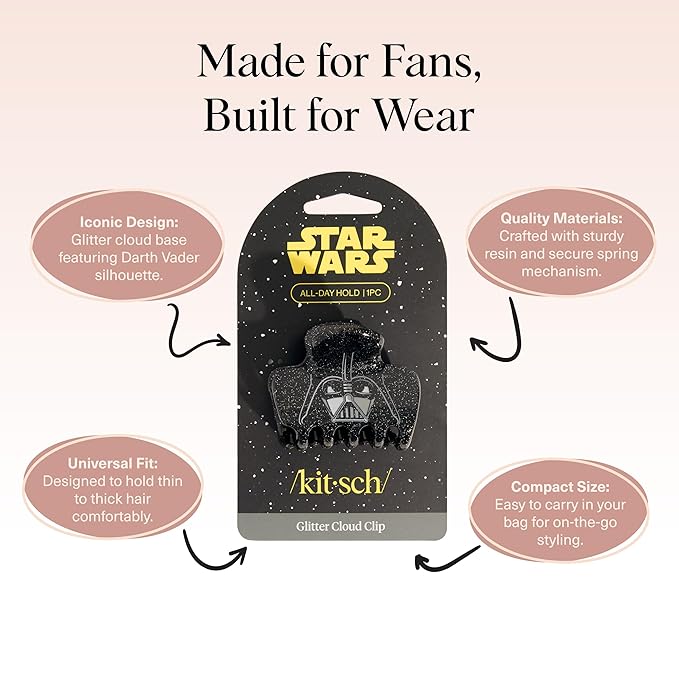 Kitsch x Star Wars Darth Vader Glitter Medium Hair Clip for Women – Dark Side Galaxy-Inspired Claw Clip | Recycled Plastic, Strong Secure Grip | Ideal Gifts for Women, Hair Accessories for Girls