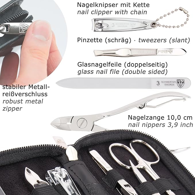 3 Swords Germany - brand quality 6 piece manicure pedicure grooming kit set for professional finger & toe nail care scissors clipper genuine leather case in gift box, Made in Solingen Germany (02259)