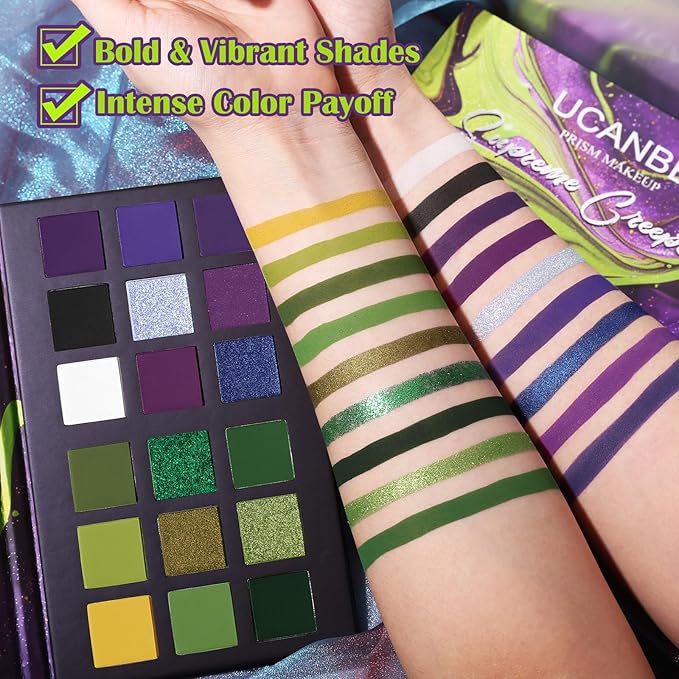 Green Purple Goth Eyeshadow Palette Makeup- 18 Colors Matte Shimmer Metallic Bright & Dark Smoky Gothic Eye Shadows for Halloween Christmas Grinch Witch Beetle-juice Ursula SFX Cosplay Costume Make Up