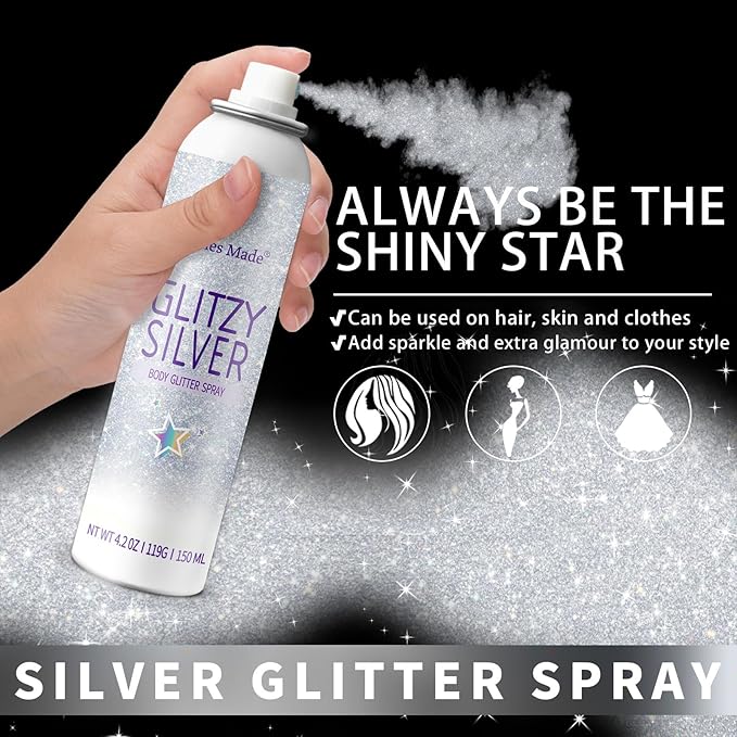 Hair Glitter Body Glitter Spray, 150ML Glitter Hairspray Silver Glitter Spray for Hair and Body, Hair Glitter for Kids Women, Body Shimmer Festival Rave and Makeup 4.2 Fl Oz
