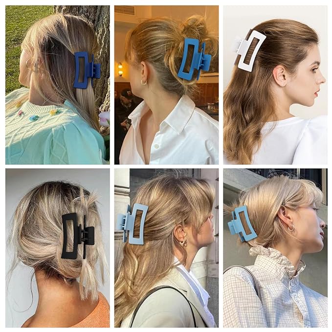 3.5 Inch Medium Hair Claw Clips 6 Pack Hair Clips for Women Square Rectangle Claw for Hair Banana Jaw Clips Hair Accessories for Girls (Blue)