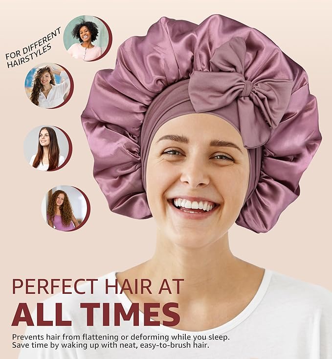 HiRui Silk Satin Bonnet for Sleeping Women, Double-Layer Sleep Cap Shower Cap with Adjustable Tie, Moisture Retaining Satin Lined Hair Bonnet for Curly and Natural Hair (Blush Pink/Pink, Medium)