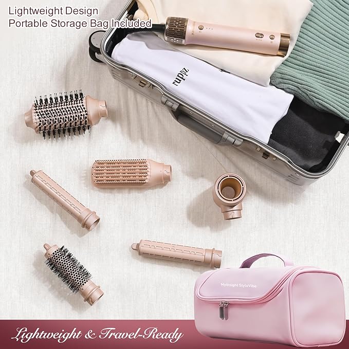 StyleVibe 6-in-1 Air Styler, Hair Dryer & Blow Dryer Brush with Travel Case - Auto Wrap Curls (L/R), Fast Drying, Thermal Round Brush for Smooth Blowouts & Frizz-Free Volume, No Heat Damage