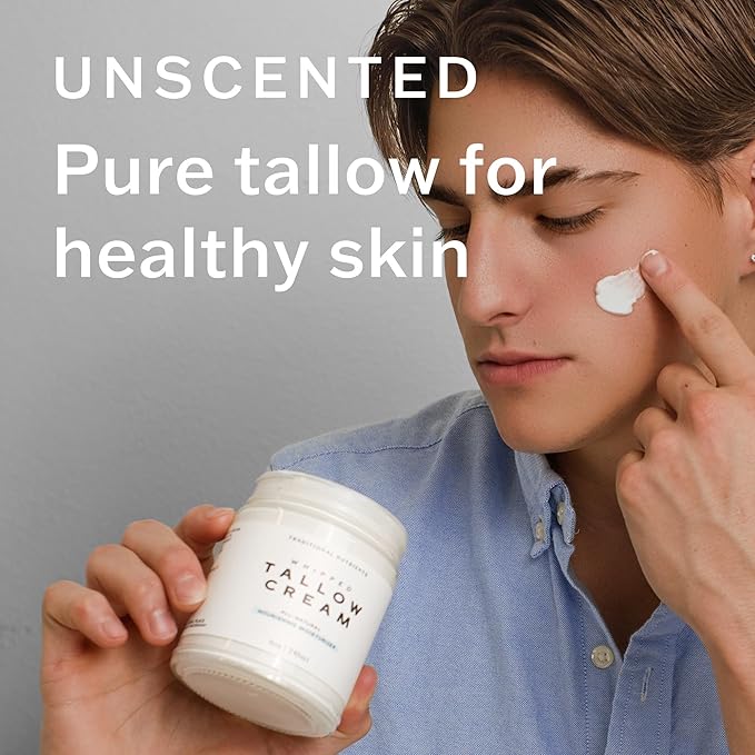 Whipped Tallow Skin Cream GRASS FED + Plain, No Additives, Tallow Face Cream, Tallow Lotion, Glass Jar, Tallow Balm, Beef Tallow Moisturizer (16 oz.)