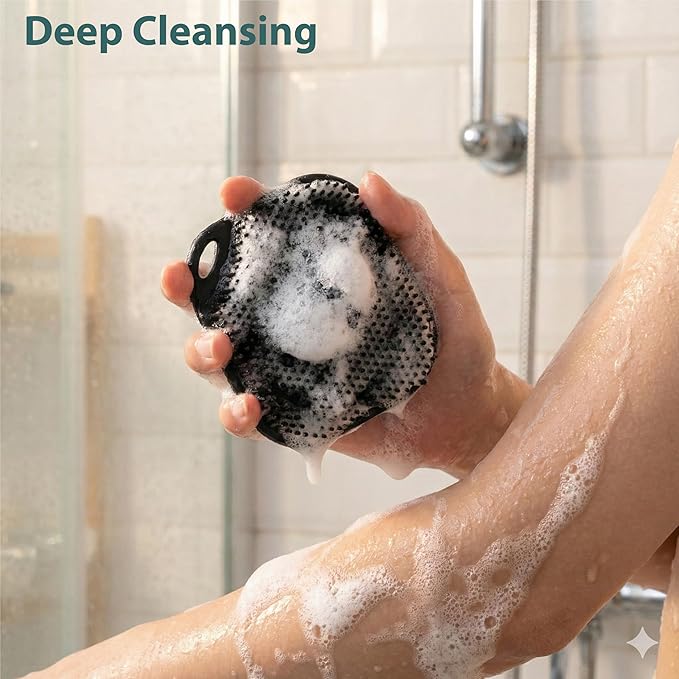 2 PC Silicone Body Scrubber, Exfoliating Shower Bath Scrubber, Soft Silicone Loofah for Sensitive Skin, Shower Hair Scalp Massager, Easy to Clean, Lather Well Black&Pink