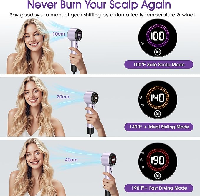 Ionic Hair Dryer with Auto-Adjusting Sensor,AI Hair Dryer with Magnetic Diffuser,100000 RPM High-Speed Hair Blow Dryer for Fast Drying,Compact Blow Dryer with 500M Plasma,Hair Dryers for Women(Purple)