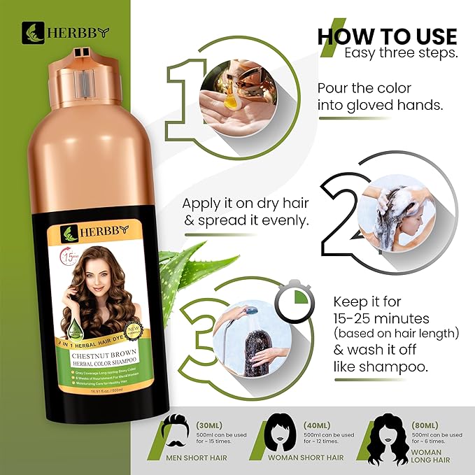 HERBBY Gray Hair Coverage Shampoo & Conditioner - Color Transform with 9 Herbal Extracts, Long-Lasting (6-8 Weeks), Shiny, Even Coloring, Instant Hair Dye, 500 ml (CHESTNUT BROWN)