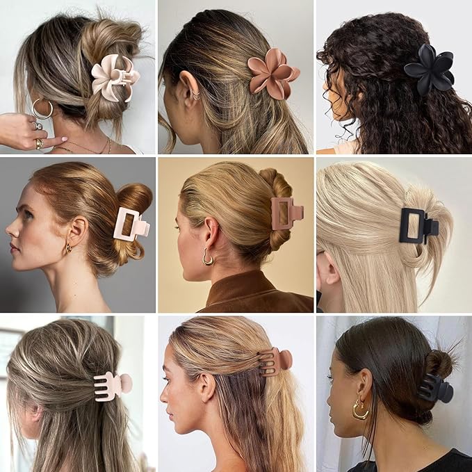 3 Styles Medium Hair Clips for Women 9 Pcs Small Claw Clips for Thin Hair Flower Hair Clips for Thick Hair Square Hair Claw Clips for Girls Hawaiian Plumeria Hair Accessories for Women (Brown)