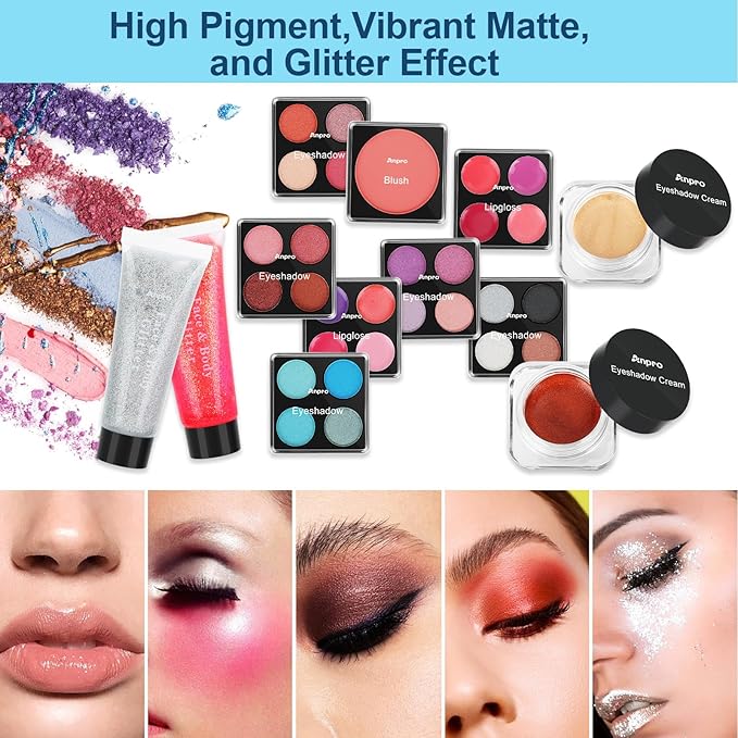 Anpro All-In-One Makeup Kit for Girls 10-12 with Case, Pro Teen Makeup Set, Tween Makeup Kit for Teens Women, Full Starter Make Up Kit with Brushes, Lipstick, Eye Shadows Palette, Blushes, Glitter Gel