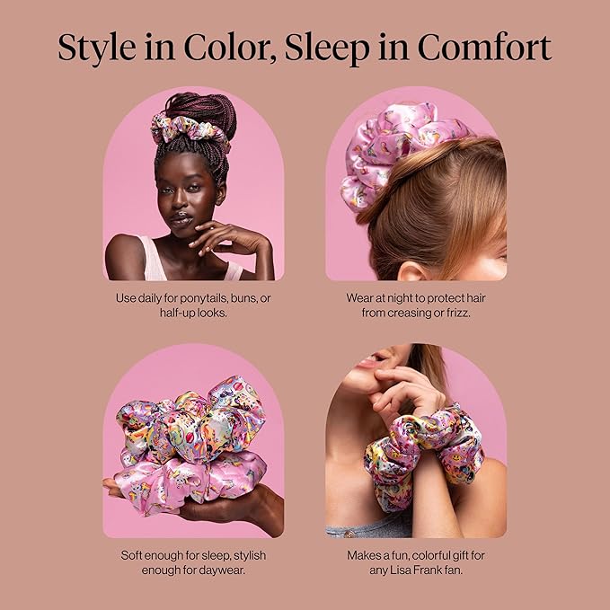 Lisa Frank x Kitsch Pillow Satin Scrunchies for Women - Hair Ties No Damage, No Crease Hair Accessories | for Day or Night Use | Ideal Gifts for Women - 2pcs