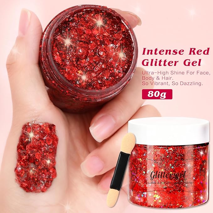 Body Glitter, Face Glitter Hair Glitter for Women Girls, Silver Red Glitter Gel for Makeup, Hair Accessories Kit with Hair Wax Stick, 500 Pcs Toddler Hair Elastic, Hair Styling Kit with Rat Tail Comb