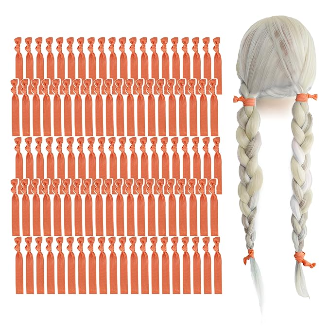 MEEDEE 100 Pack Orange Hair Ties For Women No Crease Soft Elastic Ribbon No Damage Orange Hair Ties Knotted Ouchless Hair Ribbon Yoga Hair Ribbons Elastic Bracelets