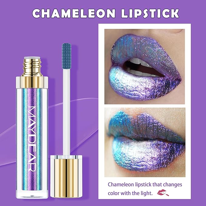 Maydear Chameleon Lipstick, High Pigmented for Women Metallic Shine Lip Gloss, Full-Coverage Multichrome Long Lasting Rainbow Makeup, Blue Purple