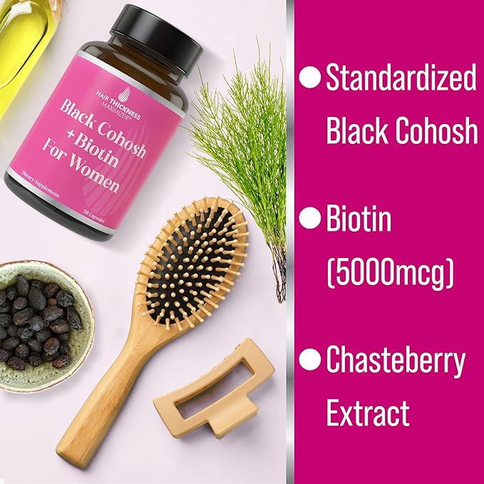 Black Cohosh + Biotin - Menopausal Hair Growth Supplement for Women. Menopause & Postmenopause Vitamins for Fuller Hair, Less Thinning, Hot Flashes. Black Cohosh, Biotin, & Chasteberry. Clean & Vegan