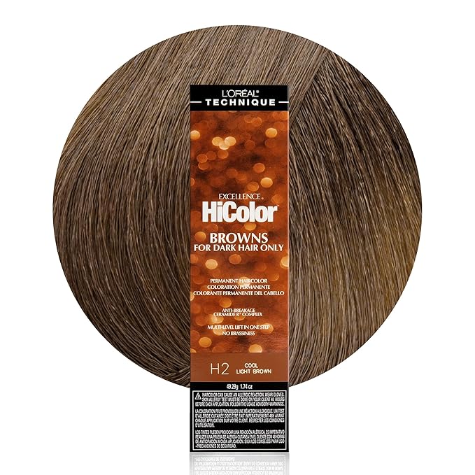 L'OREAL TECHNIQUE HiColor Browns & Blondes Permanent Hair Color - Lifts Dark Hair in One Step Leaving No Brassiness, Rich and Smooth Creme Formula, Intense & Long-Lasting, H2 Cool Light Brown