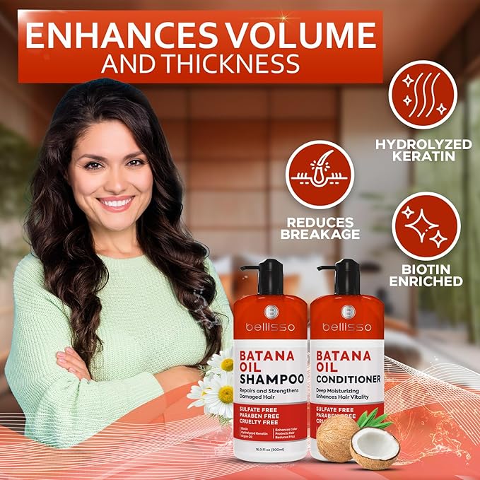 Batana Oil Shampoo and Conditioner Set - Thickening Hair Products for Women and Men - For Strengthening and Volumizing Fine and Thinning Hair - Sulfate Free with Biotin and Keratin for a Fuller Look