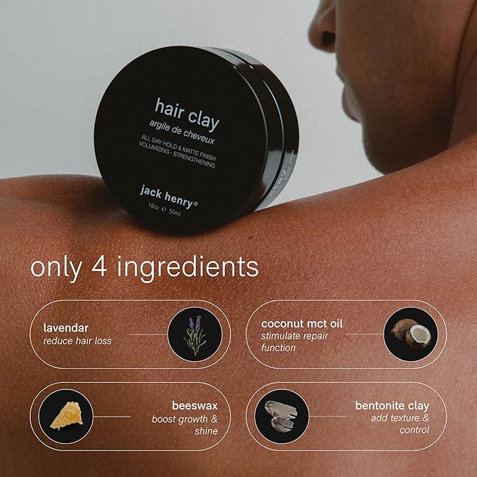Jack Henry Premium Hair Clay for Men - Matte Finish, All Day Hold, Low Shine, Hair Styling Clay for All Hair Types - Natural, Organic Award Winning Formula - Natural Scent (1.6 oz)