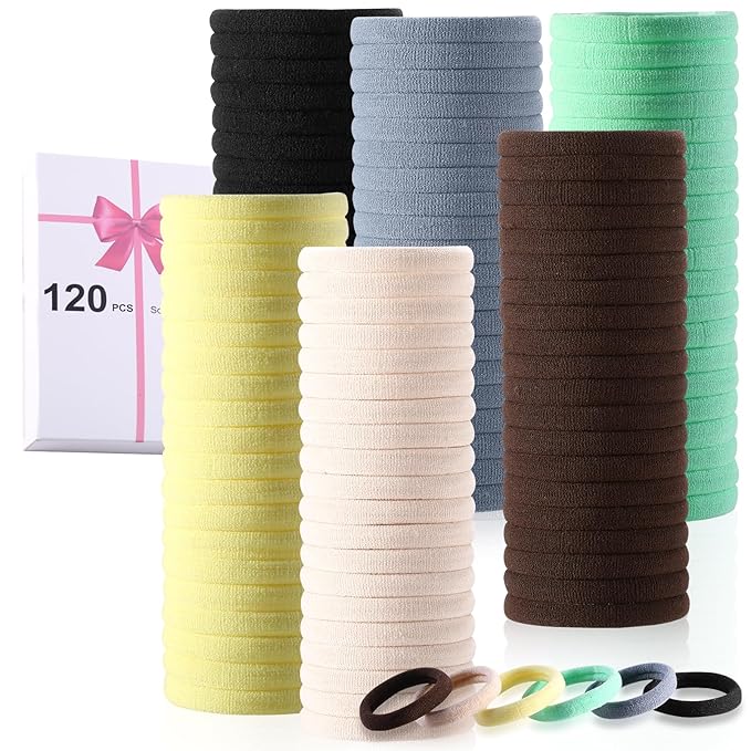 LuSeren 120 Pcs No Damage Thick Hair Ties, Large Soft Seamless Nylon Cloth Hair Elastics for Women - Neutrals 5