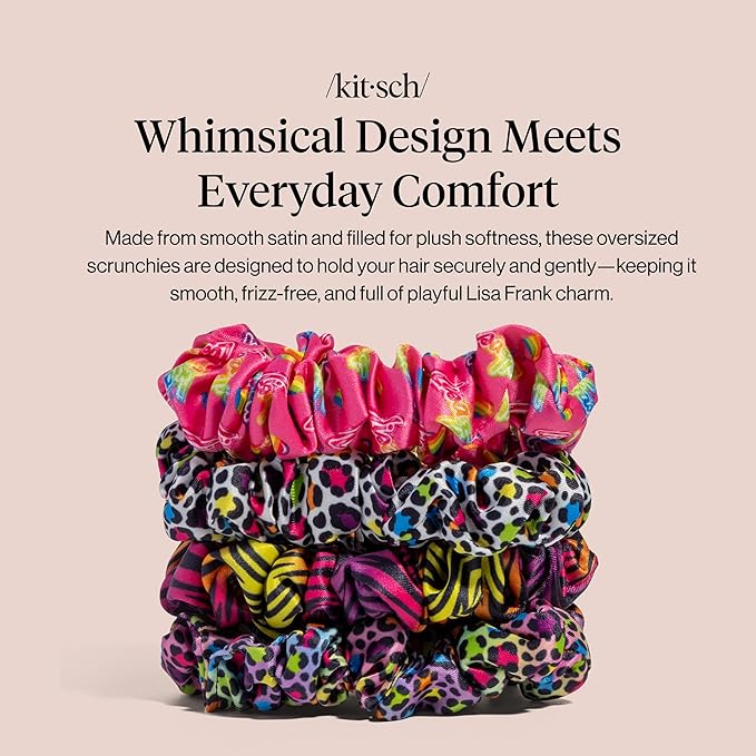 Lisa Frank x Kitsch Ruched Satin Scrunchies for Women - Softer Than Silk Scrunchies | Hair Ties No Damage for Frizz-Free Sleep | Ideal Gifts for Women - Rainbow Leopard 4 pcs