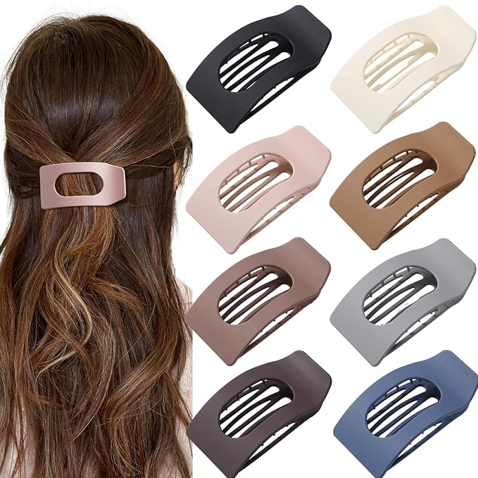 8 Pack Flat Hair Clips for Women – Large Matte Rectangle No-Slip Claw Clips, Strong Hold Square Hair Accessories for Thick & Thin Hair, Lay Flat Design for Work & Daily Styling