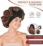 HiRui Silk Satin Bonnet for Sleeping Women, Double-Layer Sleep Cap Shower Cap with Adjustable Tie, Moisture Retaining Satin Lined Hair Bonnet for Curly and Natural Hair (Brown/Black, Medium)
