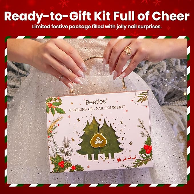 Beetles 27Pcs Gel Nail Polish Kit with U V Light Christmas Gifts for Women Teen Girls - 6 Colors Gel Nail Kit Merry Glitz Red Gold Cat Eye Glitter Jelly Winter Set Soak Off Salon DIY Manicure Set