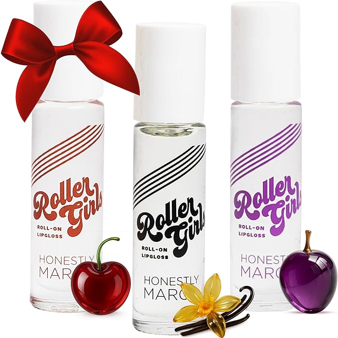 Honestly Margo Roller Girl Roll-On Lip Gloss Set (Cherry Cherry, Vanilla Crystal, and Grape Jazmin - Pack of 3) – Lip Gloss for Women with Hydrating Vitamin E & Moisturizing Shine, Non Stick