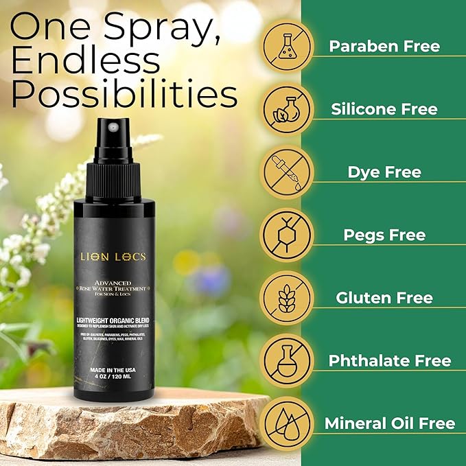 Lion Locs Rosewater Spray for Dreads, Dreadlocks, Braids, Faux, Crochet, Sisterlocks with Aloe, Essential Oils, Vitamins, and Glycerin | Organic Vegan Conditioner Rose Water Spritz (8 oz.)