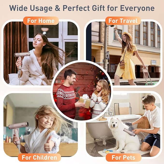 Quico Travel Hair Dryer with Dual Voltage, 120000 RPM Fast Drying Hair Dryers for Women with 500 Million Negative Ions, Thermo-Control Compact Hair Blow Dryer with Cold, 3 Heat & 3 Speed Settings