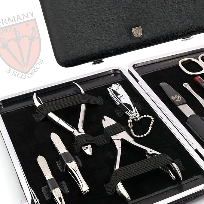 3 Swords Germany - brand quality 11 piece manicure pedicure grooming kit set for professional finger & toe nail care scissors clipper fashion leather case in gift box, Made by 3 Swords (00255)