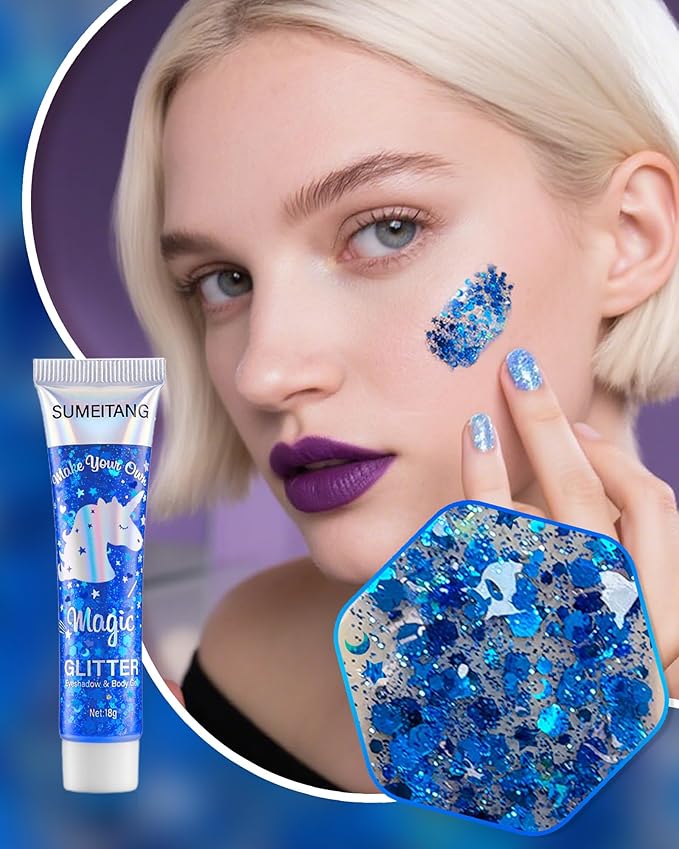 6Colors Face Body Glitter Gel，Holographic Chunky Sequins Body Glitter Paint for Party Singer Concerts Music Festival Rave Accessories for Girls Women Face Body Hair DIY Sparkling Makeup