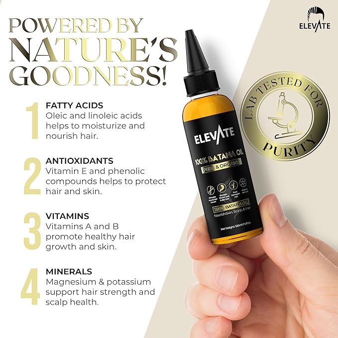 Elevate Batana Oil for Hair Growth | 100% Pure & Natural Raw Organic Oil from Honduras | Cold Pressed & Chemical-Free Serum for Thickness & Scalp Care Skin | Thicker Stronger Hair | 1 Pack | 4 Fl Oz