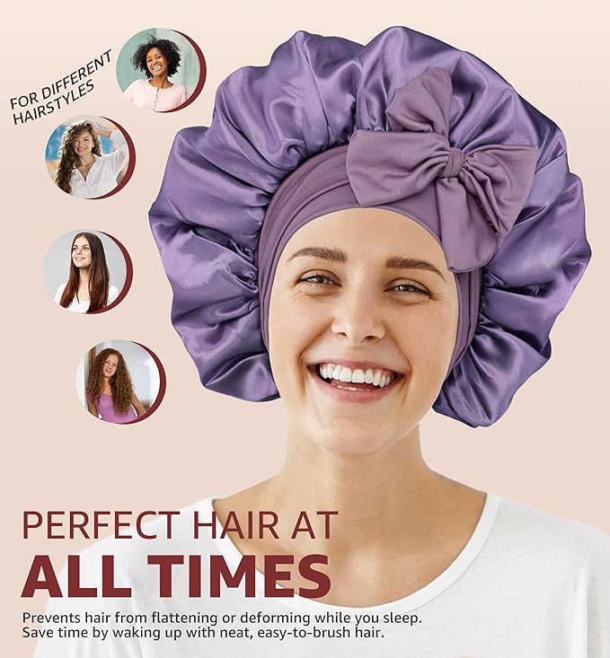 HiRui Silk Satin Bonnet for Sleeping Women, Double-Layer Sleep Cap Shower Cap with Adjustable Tie, Moisture Retaining Satin Lined Hair Bonnet for Curly and Natural Hair (Lavender, Medium)