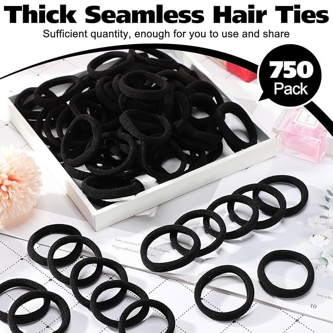 Chuangdi 750 Pcs Large Hair Ties Bulk Elastics Hair Bands Set Cotton Seamless Ponytail Holders Soft Hair Scrunchies for Thin Thick Curly Wavy Hair (Black)