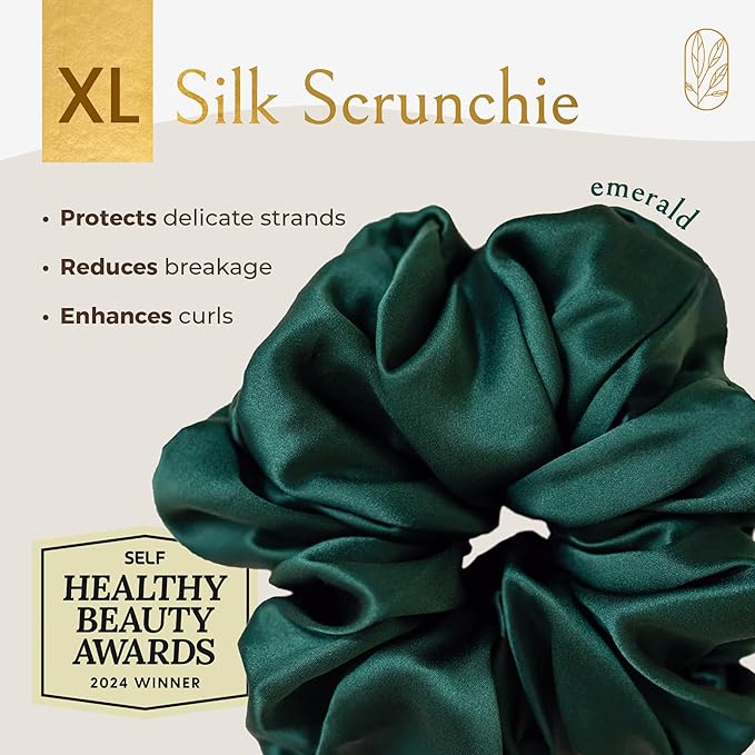 Silk Scrunchies for Women Ponytail Holders – Oversized Mulberry Silk Scrunchie – Extra Large No Damage Hair Tie for Curly, Thick, and Thin - Hair Accessories for Women – Emerald, XL By Curlfriend