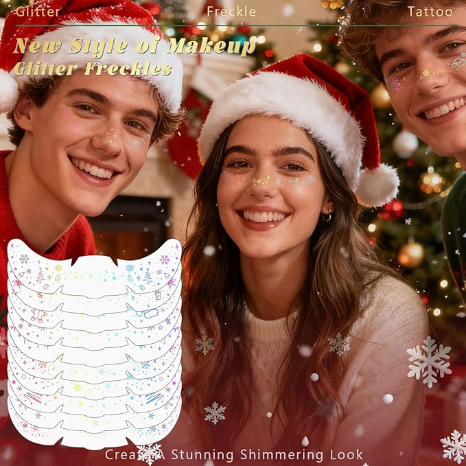 10pcs Christmas Face Glitter Freckles Tattoo, Holographic Body Glitter Faux Freckle Stickers for Women Girls, Sparkle Star Speckles Makeup Patches for Concert Festival Rave Cosplay Accessories