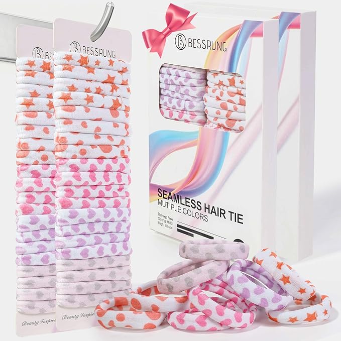 Bessrung 50 PCS Seamless Hair Ties, No Damage Elastics Hair Ties for Women Girls, Soft Stretchy Ponytail Holders for Thin Thick Hair, Snag-Free Hair Bands Stocking Stuffers Christmas Gift(Love)
