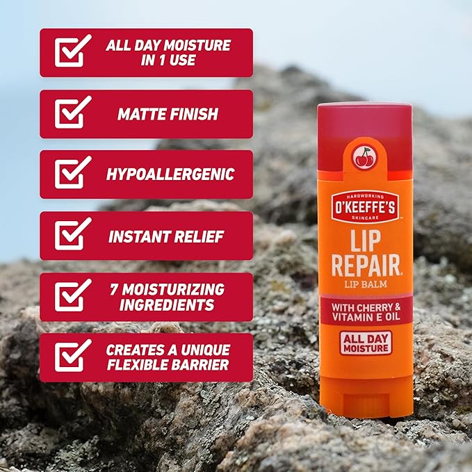 O'Keeffe's Lip Repair Lip Balm with Cherry & Vitamin E Oil - Stick (3 Pack) - Moisturizer for Extremely Cracked, Dry Lips