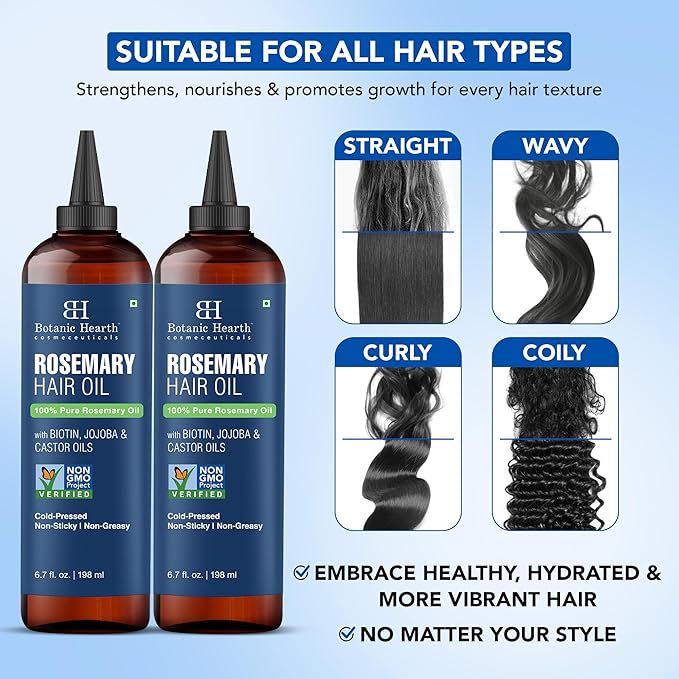 Botanic Hearth Rosemary Oil for Hair Growth | Strengthening Biotin, Jojoba, Castor Hair Growth Oil for frizzy hair | Dry, Damaged Scalp Treatment | Color Safe | All Hair Types | 6.7 Fl Oz (2 Pack)