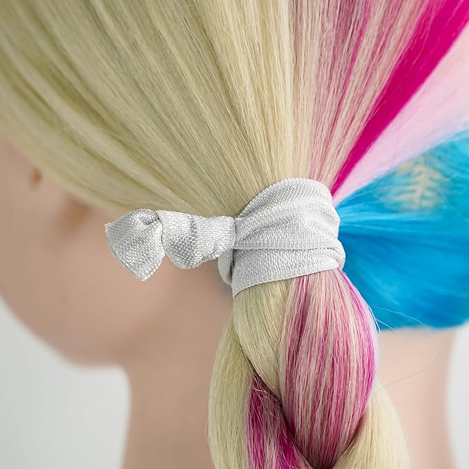 MEEDEE 100 Pack Silver No-Crease Soft Ribbon Knotted Ouchless Hair Ties for Women, Yoga, and Ponytails - Elastic Bracelets