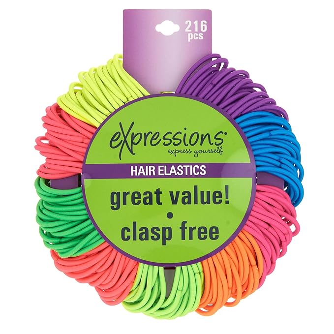 Expressions 216-Piece Hair Elastics Value Pack - 4mm Neon Ponytail Holders for Women, Durable No Metal Bands for Thick, Curly, and All Hair Types