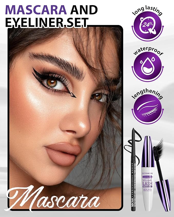 Black Waterproof Colored Mascara&Eyeliner,5D Fiber Mascara for Eyelashes Volume and Length, Smudgeproof Color Waterline Gel Eye Liner Pen Lengthening Curling Máscara Women Party Stage Use Makeup Gift