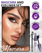 Black Waterproof Colored Mascara&Eyeliner,5D Fiber Mascara for Eyelashes Volume and Length, Smudgeproof Color Waterline Gel Eye Liner Pen Lengthening Curling Máscara Women Party Stage Use Makeup Gift