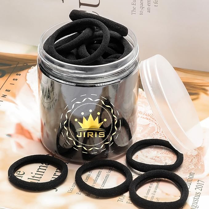 50Pcs Black Hair Ties for Women Girls,Cotton Seamless Hair Ties, Soft Ponytail Holders,No Crease No Damage Elastics Hair Bands with Box for Thick Heavy and Curly Hair (Black)